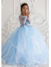 Long Sleeves Sky Blue Polka Dot Lace Tulle Flower Girl Dress Long Sleeves Sky Blue Polka Dot Lace Tulle Flower Girl Dress